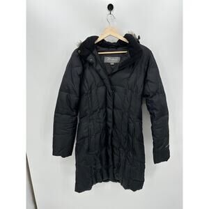 Eddie Bauer Women's Parka Coat Size Tall Medium Lodge Down Black Hooded Fur Trim